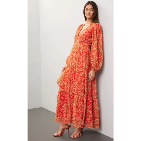 Toccin x RTR Orange And Tan Print Long Sleeve Maxi Dress Size 4 - Picture 1 of 15